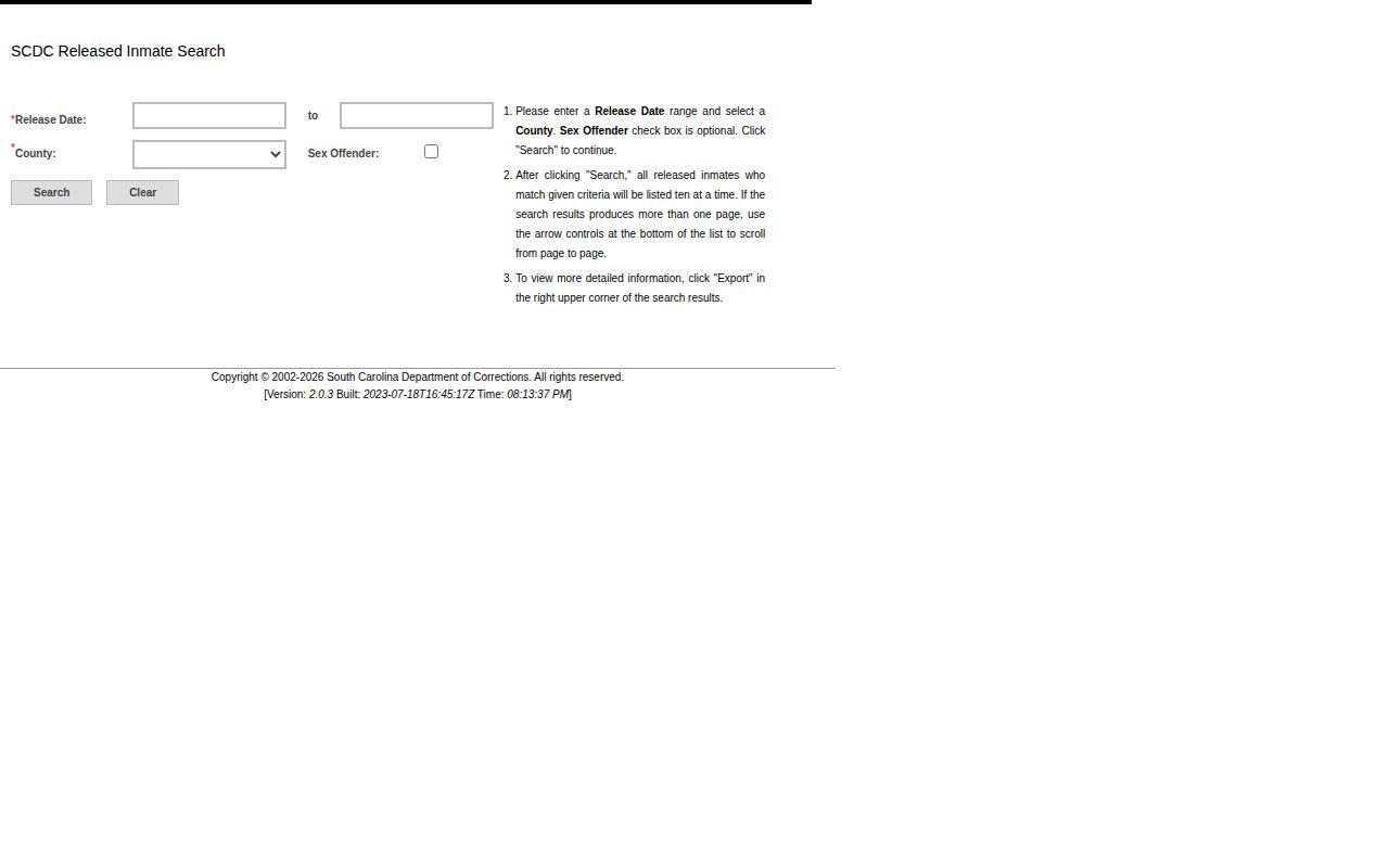 South Carolina Department of Corrections Released Inmate Search form