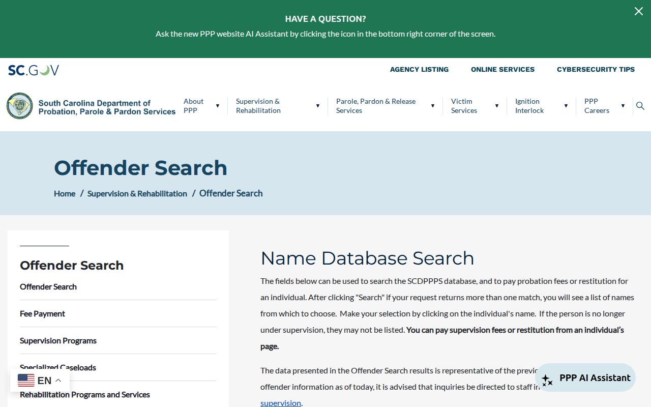 Pickens County probation and parole offender search fields