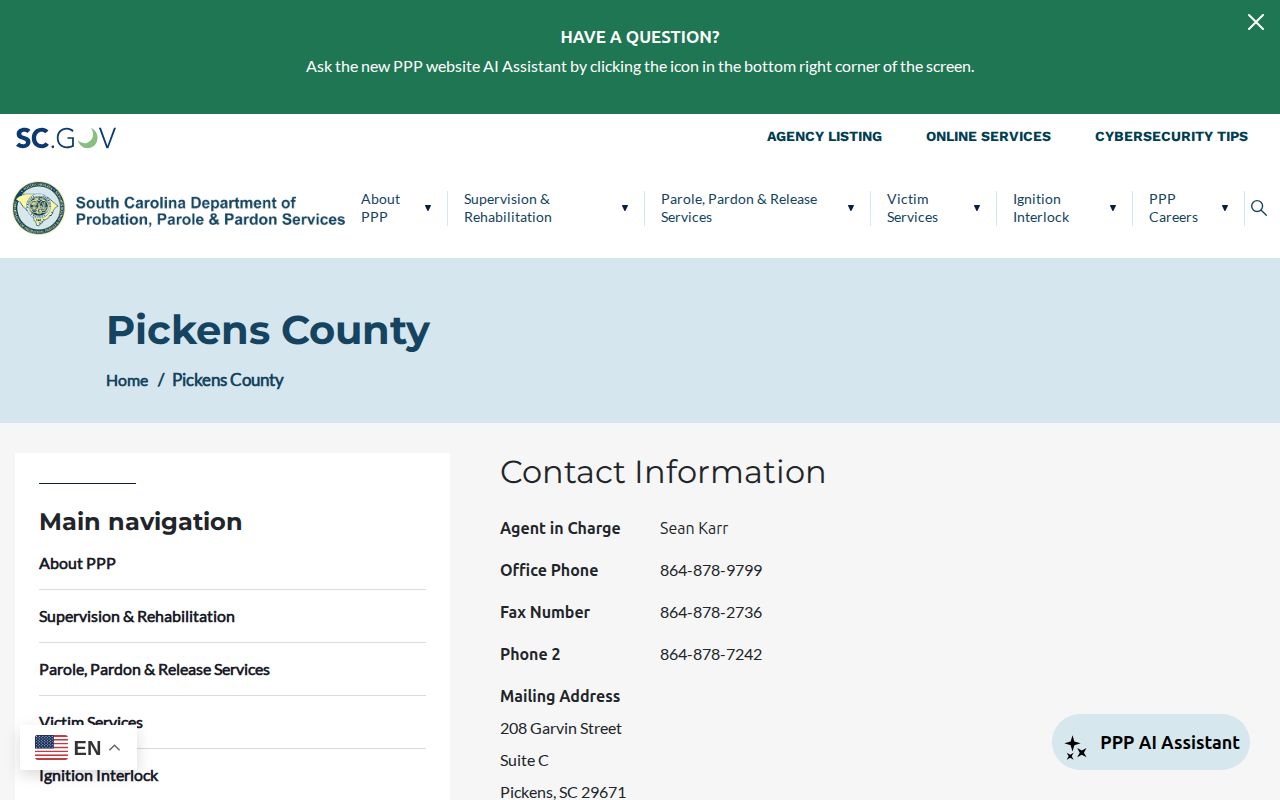 Pickens County probation and parole office directory and supervision counts