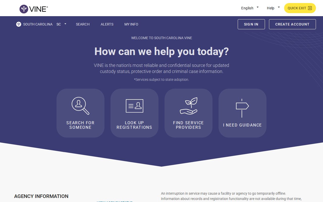 Pickens County VINELink inmate search screen for South Carolina release records